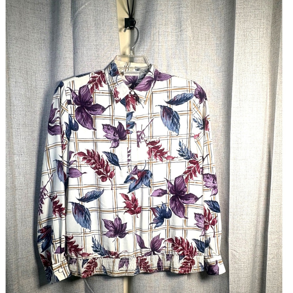Alfred Dunner Vintage Floral Grid Blouse Purple White Smocked Hem Size 10